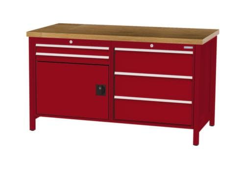 Bedrunka + Hirth Etabli avec plateau en hêtre massif Piétement en plusieurs couleurs, 5 tiroirs, 1 armoire