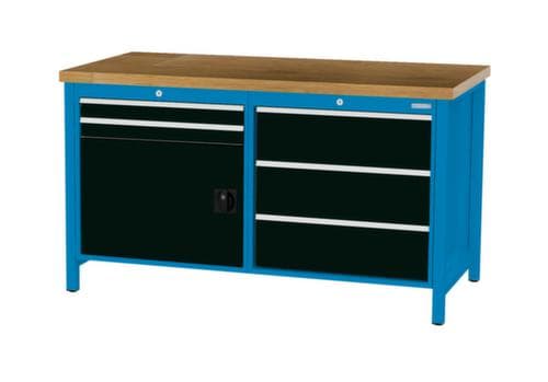 Bedrunka + Hirth Etabli avec plateau en hêtre massif Piétement en plusieurs couleurs, 5 tiroirs, 1 armoire