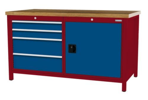 Bedrunka + Hirth Etabli avec plateau en hêtre massif Piétement en plusieurs couleurs, 4 tiroirs, 1 armoire
