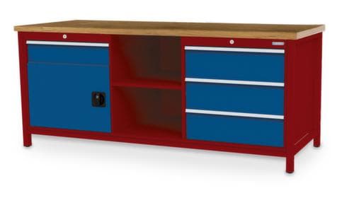Bedrunka + Hirth Etabli avec plateau en hêtre massif Piétement en plusieurs couleurs, 3 tiroirs, 1 armoire, 2 tablettes