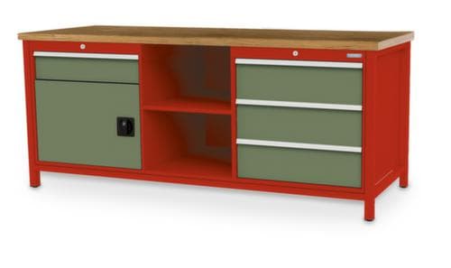 Bedrunka + Hirth Etabli avec plateau en hêtre massif Piétement en plusieurs couleurs, 3 tiroirs, 1 armoire, 2 tablettes