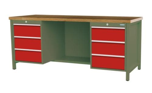 Bedrunka + Hirth Etabli avec plateau en hêtre massif Piétement en plusieurs couleurs, 6 tiroirs, 1/2 tablette