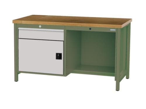 Bedrunka + Hirth Etabli avec plateau en hêtre massif Piétement en plusieurs couleurs, 1 tiroir, 1 armoire, 1/2 tablette