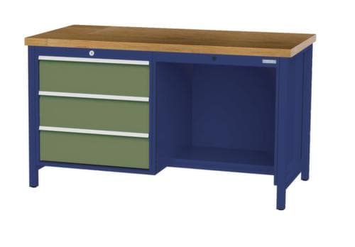 Bedrunka + Hirth Etabli avec plateau en hêtre massif Piétement en plusieurs couleurs, 3 tiroirs, 1/2 tablette
