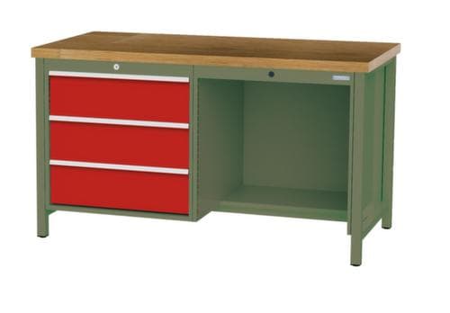 Bedrunka + Hirth Etabli avec plateau en hêtre massif Piétement en plusieurs couleurs, 3 tiroirs, 1/2 tablette