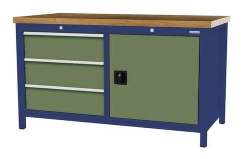 Bedrunka + Hirth Etabli avec plateau en hêtre massif Piétement en plusieurs couleurs, 3 tiroirs, 1 armoire
