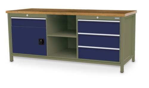 Bedrunka + Hirth Etabli avec plateau en hêtre massif Piétement en plusieurs couleurs, 3 tiroirs, 1 armoire, 2 tablettes