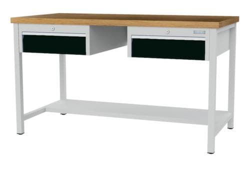 Bedrunka + Hirth Etabli avec plateau en hêtre massif Piétement en plusieurs couleurs, 2 tiroirs, 1/2 tablette