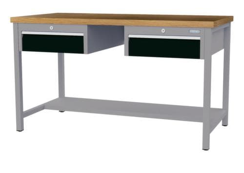 Bedrunka + Hirth Etabli avec plateau en hêtre massif Piétement en plusieurs couleurs, 2 tiroirs, 1/2 tablette