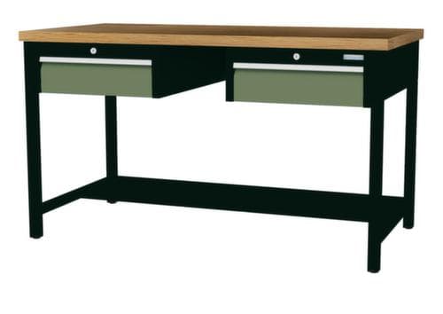Bedrunka + Hirth Etabli avec plateau en hêtre massif Piétement en plusieurs couleurs, 2 tiroirs, 1/2 tablette