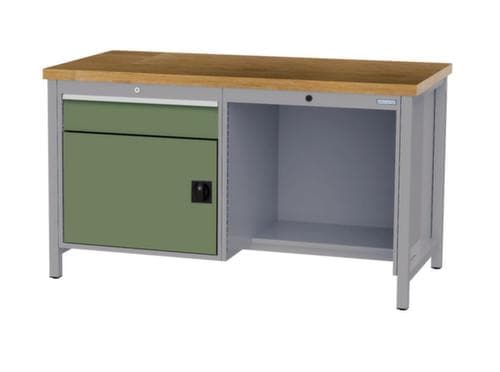 Bedrunka + Hirth Etabli avec plateau en hêtre massif Piétement en plusieurs couleurs, 1 tiroir, 1 armoire, 1/2 tablette