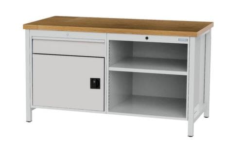 Bedrunka + Hirth Etabli avec plateau en hêtre massif Piétement en plusieurs couleurs, 1 tiroir, 1 armoire, 2 tablettes