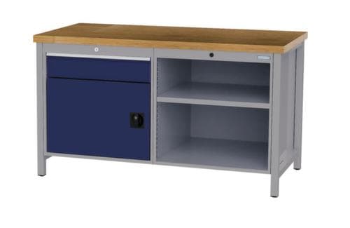 Bedrunka + Hirth Etabli avec plateau en hêtre massif Piétement en plusieurs couleurs, 1 tiroir, 1 armoire, 2 tablettes