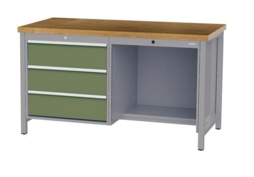 Bedrunka + Hirth Etabli avec plateau en hêtre massif Piétement en plusieurs couleurs, 3 tiroirs, 1/2 tablette