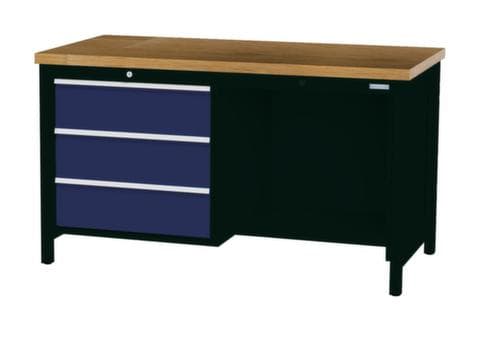 Bedrunka + Hirth Etabli avec plateau en hêtre massif Piétement en plusieurs couleurs, 3 tiroirs, 1/2 tablette