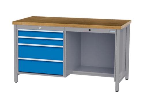 Bedrunka + Hirth Etabli avec plateau en hêtre massif Piétement en plusieurs couleurs, 4 tiroirs, 1/2 tablette