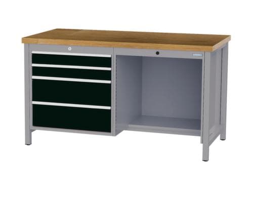 Bedrunka + Hirth Etabli avec plateau en hêtre massif Piétement en plusieurs couleurs, 4 tiroirs, 1/2 tablette