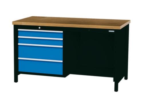Bedrunka + Hirth Etabli avec plateau en hêtre massif Piétement en plusieurs couleurs, 4 tiroirs, 1/2 tablette