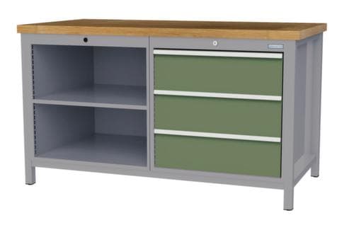 Bedrunka + Hirth Etabli avec plateau en hêtre massif Piétement en plusieurs couleurs, 3 tiroirs, 2 tablettes