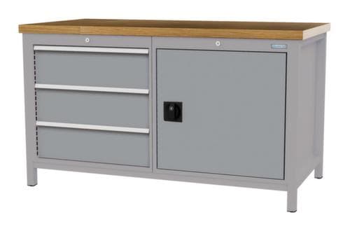 Bedrunka + Hirth Etabli avec plateau en hêtre massif Piétement en plusieurs couleurs, 3 tiroirs, 1 armoire