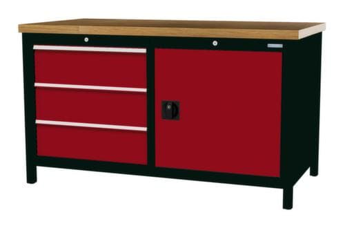 Bedrunka + Hirth Etabli avec plateau en hêtre massif Piétement en plusieurs couleurs, 3 tiroirs, 1 armoire