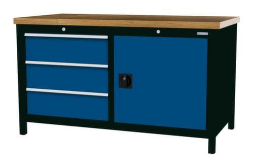 Bedrunka + Hirth Etabli avec plateau en hêtre massif Piétement en plusieurs couleurs, 3 tiroirs, 1 armoire