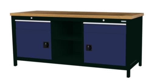 Bedrunka + Hirth Etabli avec plateau en hêtre massif Piétement en plusieurs couleurs, 2 tiroirs, 2 armoires, 2 tablettes