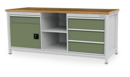 Bedrunka + Hirth Etabli avec plateau en hêtre massif Piétement en plusieurs couleurs, 3 tiroirs, 1 armoire, 2 tablettes