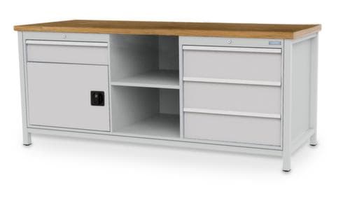 Bedrunka + Hirth Etabli avec plateau en hêtre massif Piétement en plusieurs couleurs, 3 tiroirs, 1 armoire, 2 tablettes