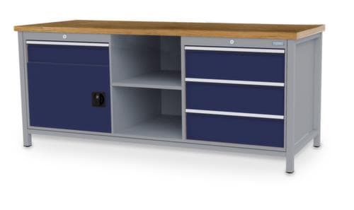 Bedrunka + Hirth Etabli avec plateau en hêtre massif Piétement en plusieurs couleurs, 3 tiroirs, 1 armoire, 2 tablettes