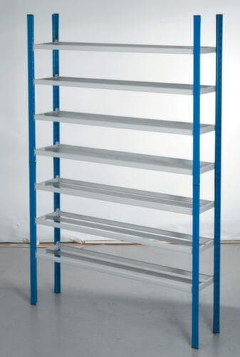 Rayonnage de stockage avec bac à bec pour pièces huileuses