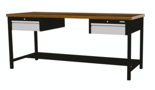 Bedrunka + Hirth Etabli avec plateau en hêtre massif Piétement en plusieurs couleurs, 2 tiroirs, 1/2 tablette