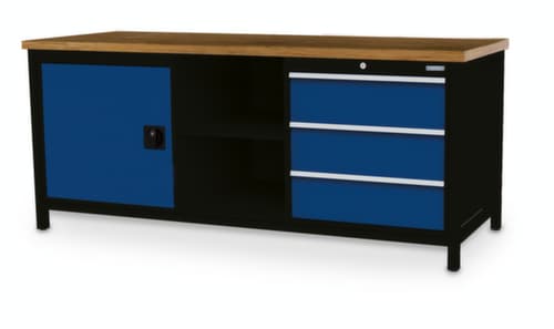 Bedrunka + Hirth Etabli avec plateau en hêtre massif Piétement en plusieurs couleurs, 3 tiroirs, 1 armoire, 2 tablettes