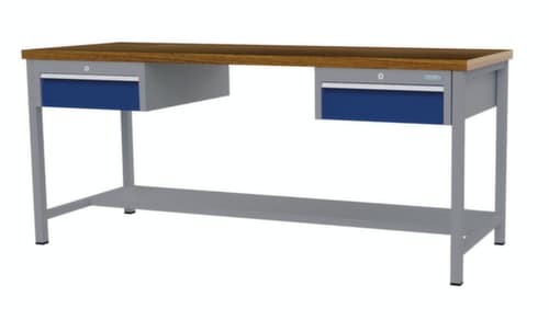 Bedrunka + Hirth Etabli avec plateau en hêtre massif Piétement en plusieurs couleurs, 2 tiroirs, 1/2 tablette
