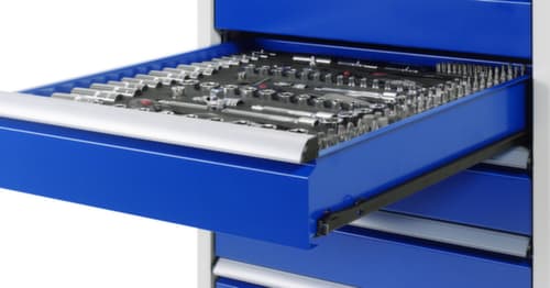 RAU établi Serie 7000 avec piètement en blocs à tiroirs, 5 tiroirs, 1 armoire, 1 étau, RAL7035 gris clair/RAL5010 bleu gentiane