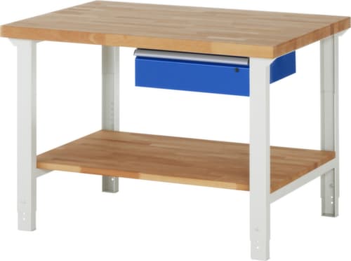 RAU Établi à hauteur réglable Serie 7000, 1 tiroir, 1 tablette, RAL7035 gris clair/RAL5010 bleu gentiane