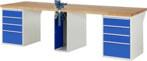 RAU établi Serie 7000 avec piètement en blocs à tiroirs, 8 tiroirs, 1 armoire, 1 étau, RAL7035 gris clair/RAL5010 bleu gentiane