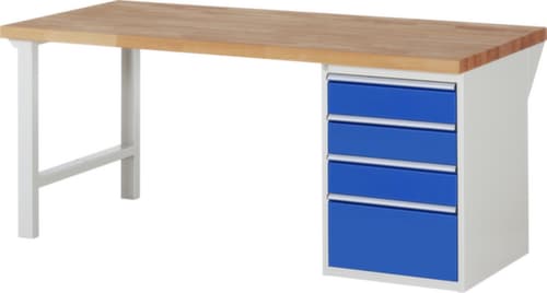 RAU établi Serie 7000 avec piètement en blocs à tiroirs, 4 tiroirs, RAL7035 gris clair/RAL5010 bleu gentiane
