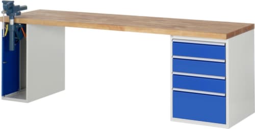 RAU établi Serie 7000 avec piètement en blocs à tiroirs, 4 tiroirs, 1 armoire, 1 étau, RAL7035 gris clair/RAL5010 bleu gentiane