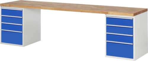RAU établi Serie 7000 avec piètement en blocs à tiroirs, 8 tiroirs, RAL7035 gris clair/RAL5010 bleu gentiane