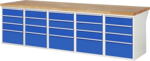 RAU établi Serie 7000 avec piètement en blocs à tiroirs, 20 tiroirs, RAL7035 gris clair/RAL5010 bleu gentiane