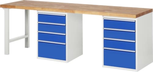 RAU établi Serie 7000 avec piètement en blocs à tiroirs, 8 tiroirs, RAL7035 gris clair/RAL5010 bleu gentiane