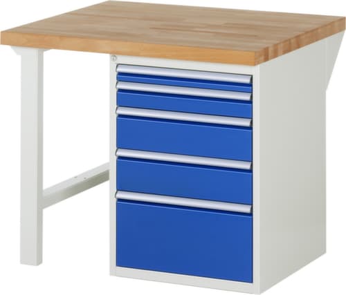 RAU établi Serie 7000 avec piètement en blocs à tiroirs, 5 tiroirs, RAL7035 gris clair/RAL5010 bleu gentiane
