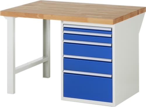 RAU établi Serie 7000 avec piètement en blocs à tiroirs, 5 tiroirs, RAL7035 gris clair/RAL5010 bleu gentiane
