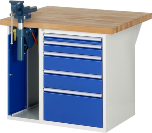 RAU établi Serie 7000 avec piètement en blocs à tiroirs, 5 tiroirs, 1 armoire, 1 étau, RAL7035 gris clair/RAL5010 bleu gentiane