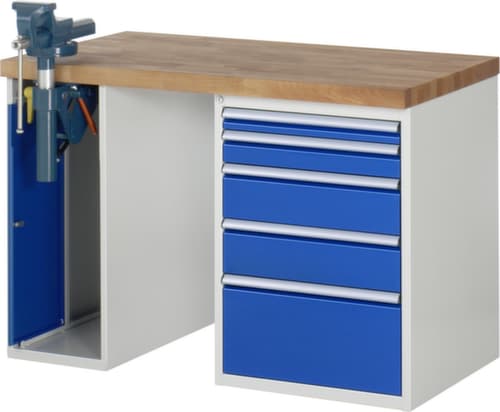 RAU établi Serie 7000 avec piètement en blocs à tiroirs, 5 tiroirs, 1 armoire, 1 étau, RAL7035 gris clair/RAL5010 bleu gentiane