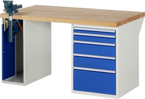 RAU établi Serie 7000 avec piètement en blocs à tiroirs, 5 tiroirs, 1 armoire, 1 étau, RAL7035 gris clair/RAL5010 bleu gentiane