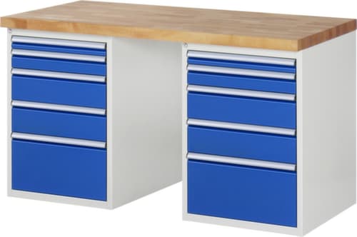 RAU établi Serie 7000 avec piètement en blocs à tiroirs, 10 tiroirs, RAL7035 gris clair/RAL5010 bleu gentiane