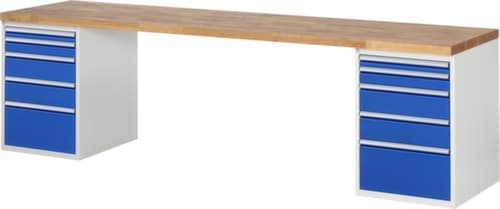 RAU établi Serie 7000 avec piètement en blocs à tiroirs, 10 tiroirs, RAL7035 gris clair/RAL5010 bleu gentiane