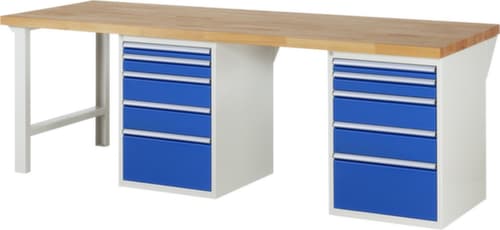 RAU établi Serie 7000 avec piètement en blocs à tiroirs, 10 tiroirs, RAL7035 gris clair/RAL5010 bleu gentiane